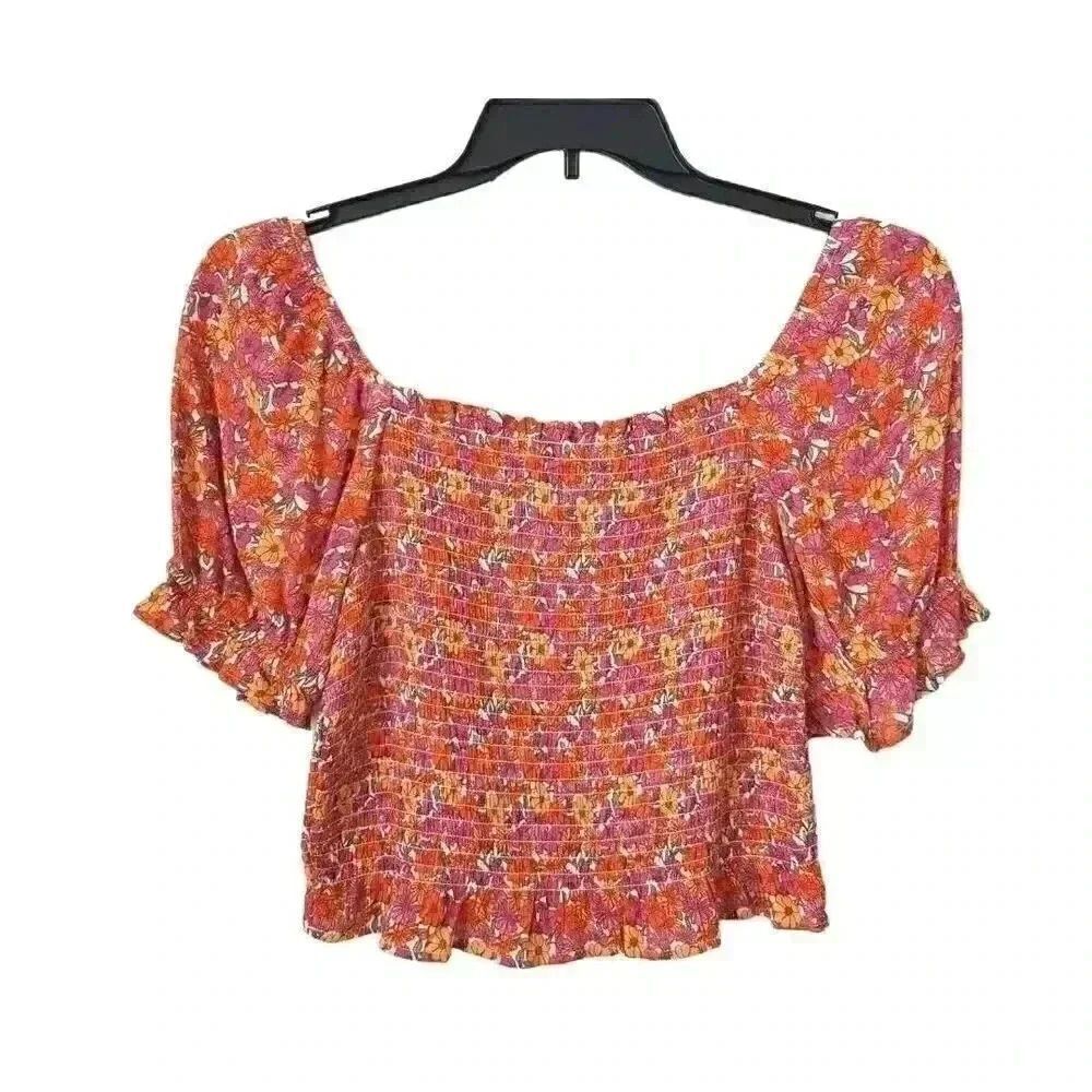 SO Junior Women's Red/Orange Floral Rayon Smocked Summer Square Neck Puff Sleeve